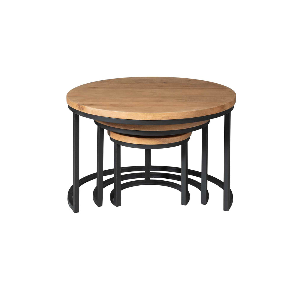 Couchtisch-Set Delta – 3 runde Tische aus Mangoholz & schwarzem Stahlrahmen, Ø70/50/35 cm, Höhe 45/38/31 cm
