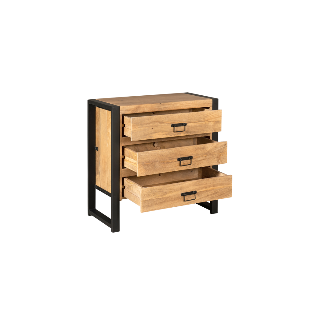 Kommode Bori Natur – Mangoholz mit 3 Schubladen & schwarzem Metall, 80 x 40 x 80 cm