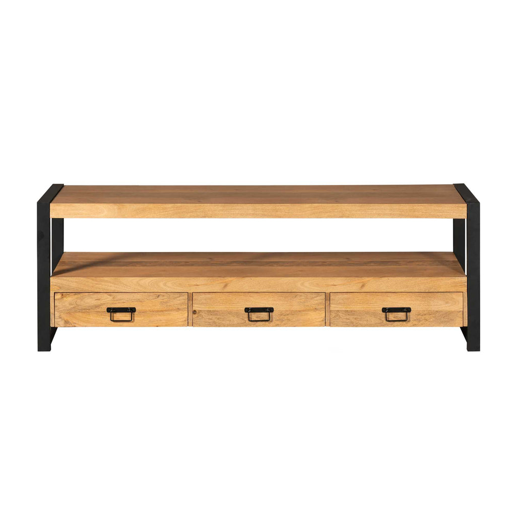 TV-Board Bori – Mangoholz TV-Schrank 150×60×45 cm mit 3 Schubladen, offenem Fach & Metallgestell im modernen Design