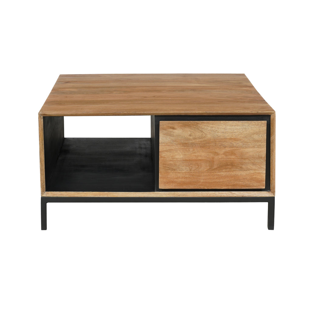 Couchtisch Rois – quadratischer Mangoholz Tisch 80×40×80 cm mit 2 Schubladen, offenem Fach & Metallrahmen