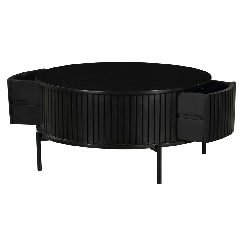 Couchtisch Mandy Rund 80x80x40 cm, Schwarz  – Mangoholz Tisch mit 2 Schubladen & Metallgestell