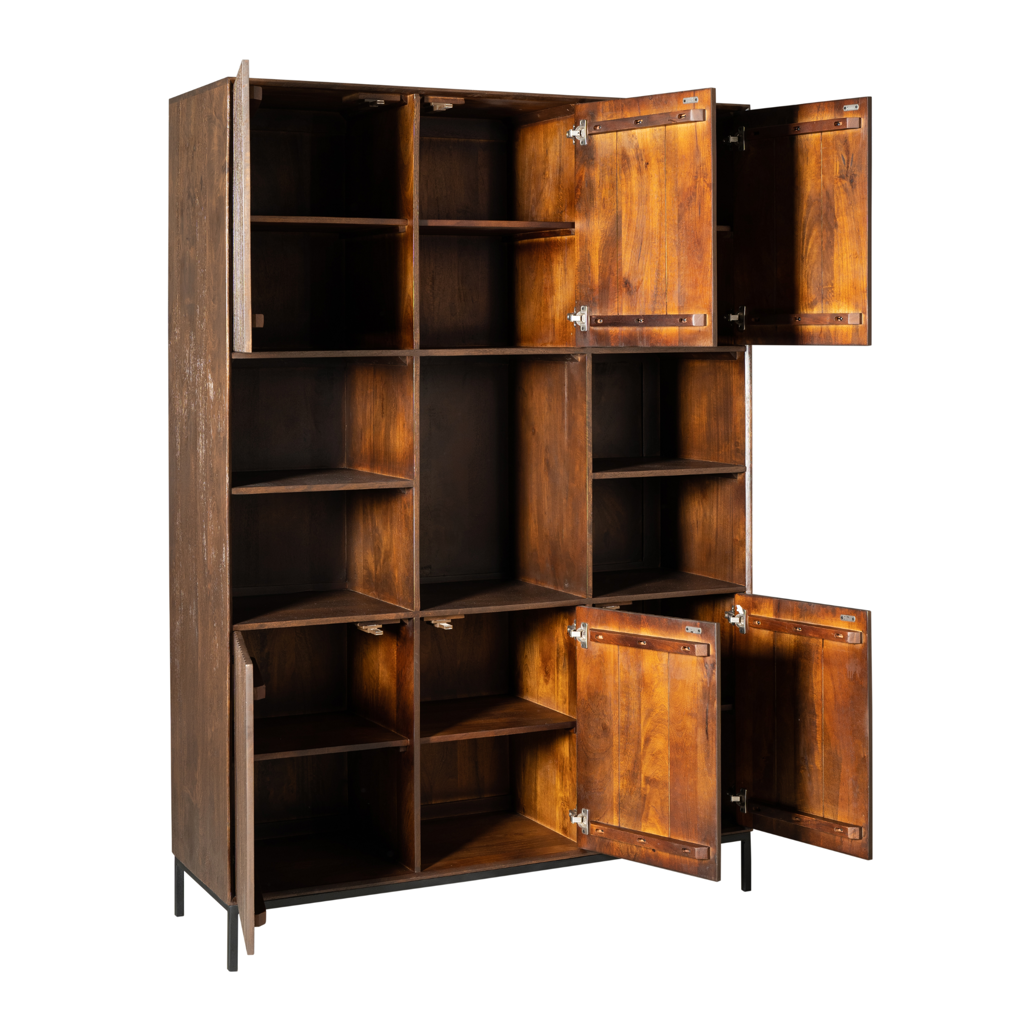 Regal Mandy XL 135x45x200 cm – Massiver Mangoholz Schrank mit Lamellen, 6 Türen & 5 offene Fächer im braunen Finish & Metallrahmen