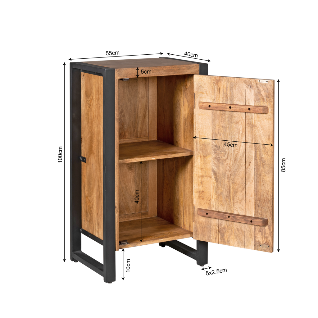Highboard Bori aus Mangoholz mit schwarzem Metall – kompakter Schrank, 55 x 40 x 100 cm