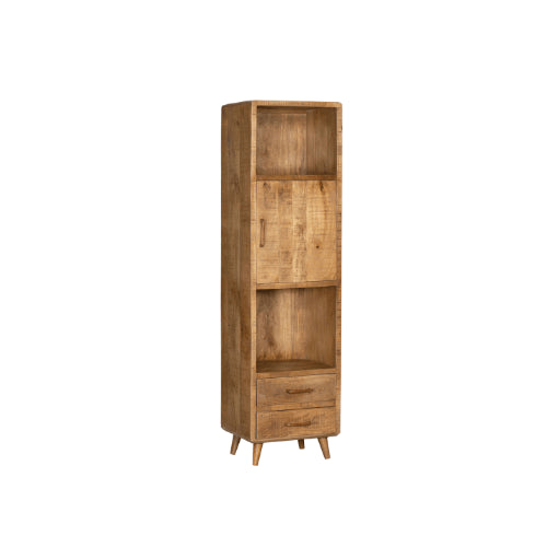 Bücherregal Raven – modernes Mangoholz Schrank 55×200×45 cm mit 2 Schubladen, 1 Tür & einzigartigem Holzdesign