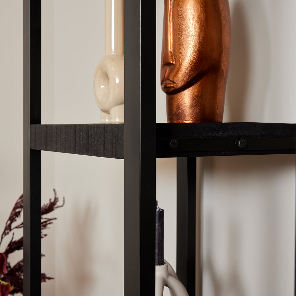 Regal Bori Schwarz 55x40x200 cm – modernes Mangoholz Schrank mit Tür & Regalfächern