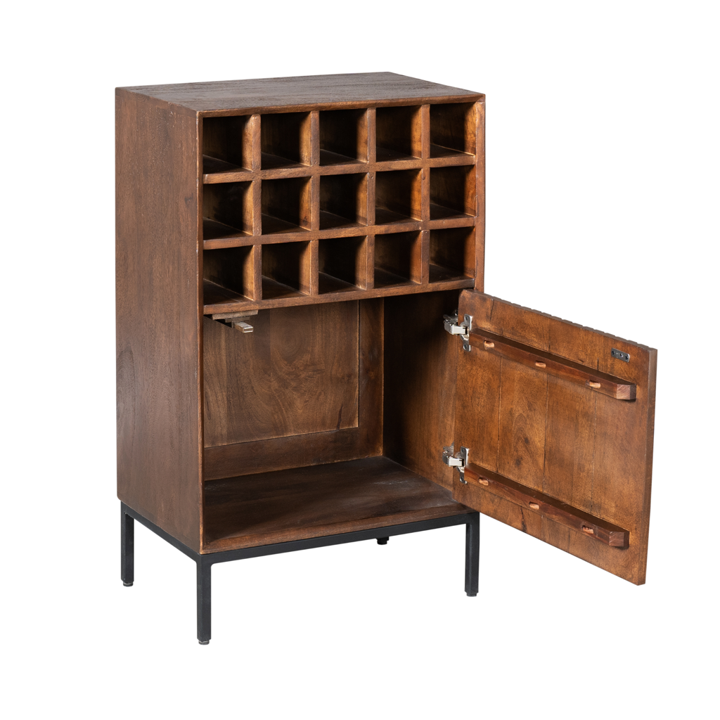 Weinregal Mandy Braun/Schwarz – Mangoholz mit Metallrahmen, Lamellentür & 15 Flaschenfächer, 55 x 35 x 90 cm