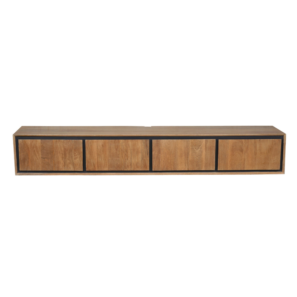 Schwebendes TV Board Rois 200x35x30 cm – Mangoholz Lowboard mit Strukturfront, 4 grifflosen Türen & schwarzem Metall