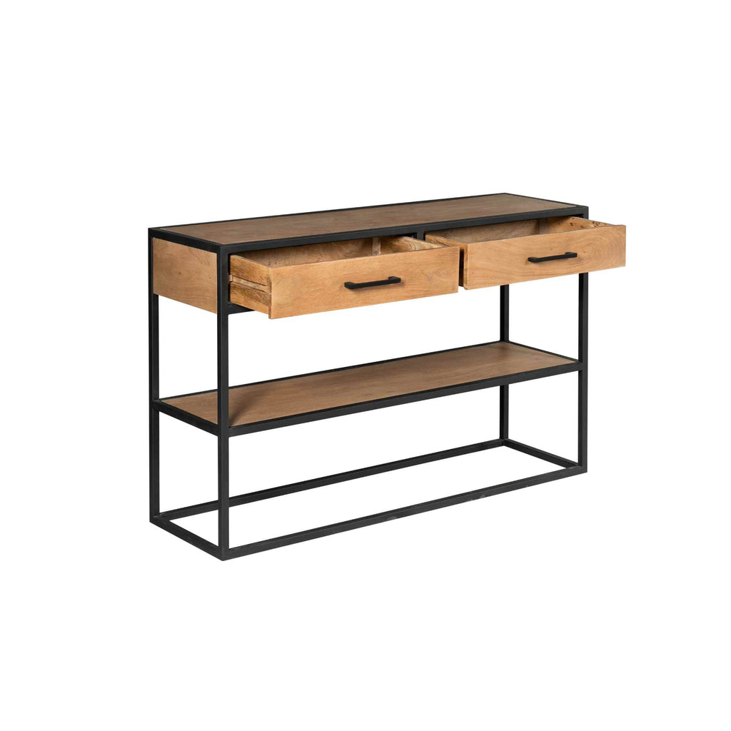 Beistelltisch Delta Natur – Mangoholz & Metall mit 2 Schubladen & Ablage, 120 x 35 x 76 cm