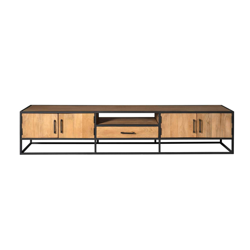 TV-Board Delta 240x45x50 cm – modernes Lowboard aus Mangoholz mit 4 Türen & 1 Schublade