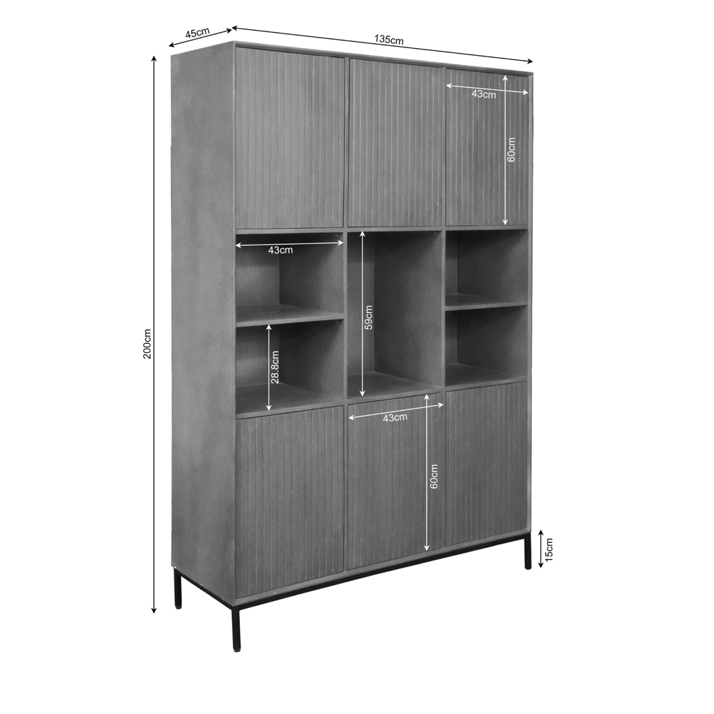 Vitrinenschrank Mandy XL 135x45x200 cm – Mangoholz Regal mit Lamellenfront, 6 Türen & 5 offenen Fächern