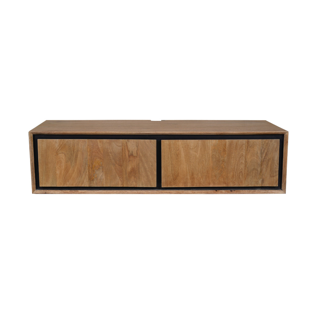 Schwebendes TV-Board Rois – Mangoholz Lowboard mit Metallakzenten, 120×30×35 cm, 2 grifflose Türen & modernes Design