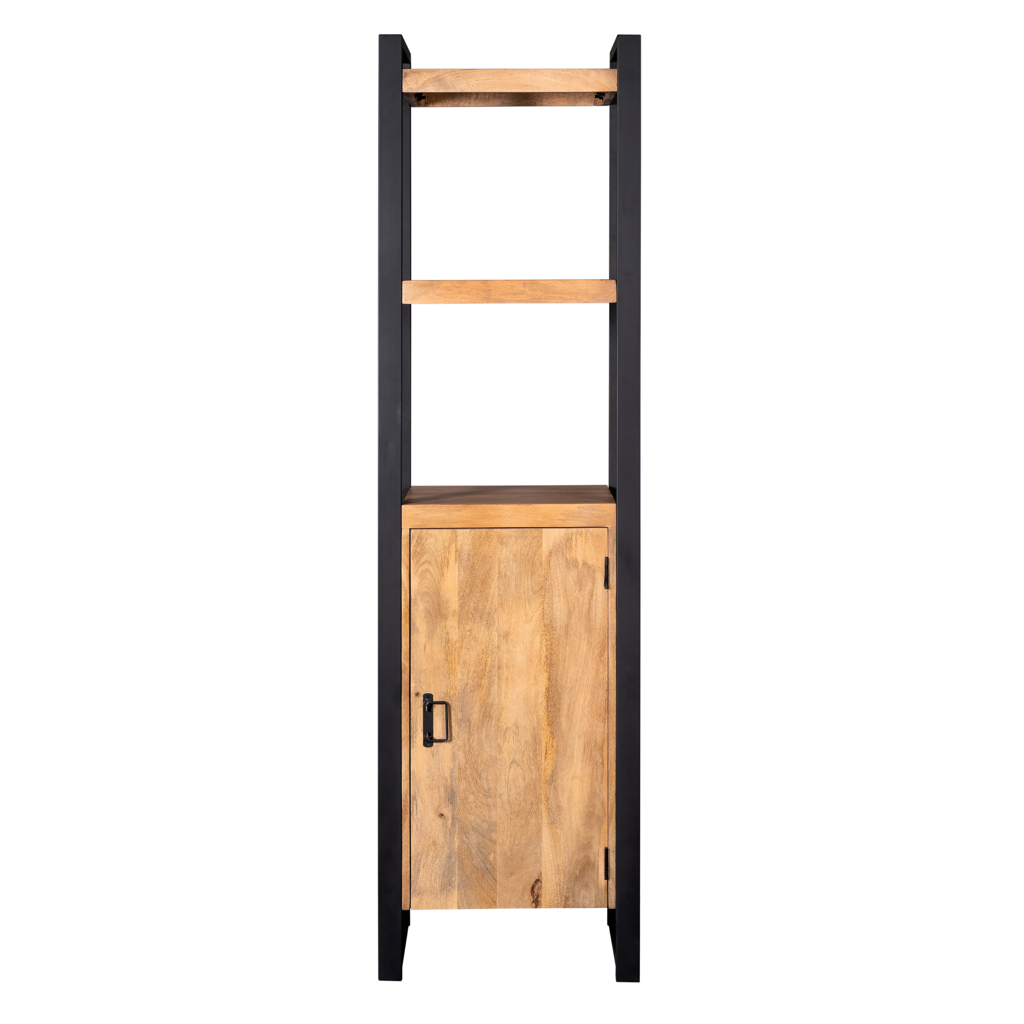 Bücherregal Bori 55x40x200 cm – Massiver Mangoholz Schrank mit Metallrahmen & Tür im modernen Design