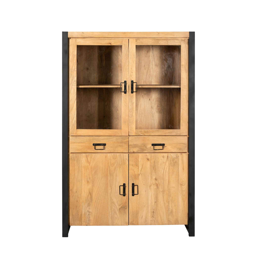 Vitrinenschrank Bori 115x45x180 cm – modernes Mangoholz-Highboard mit Metallrahmen & viel Stauraum