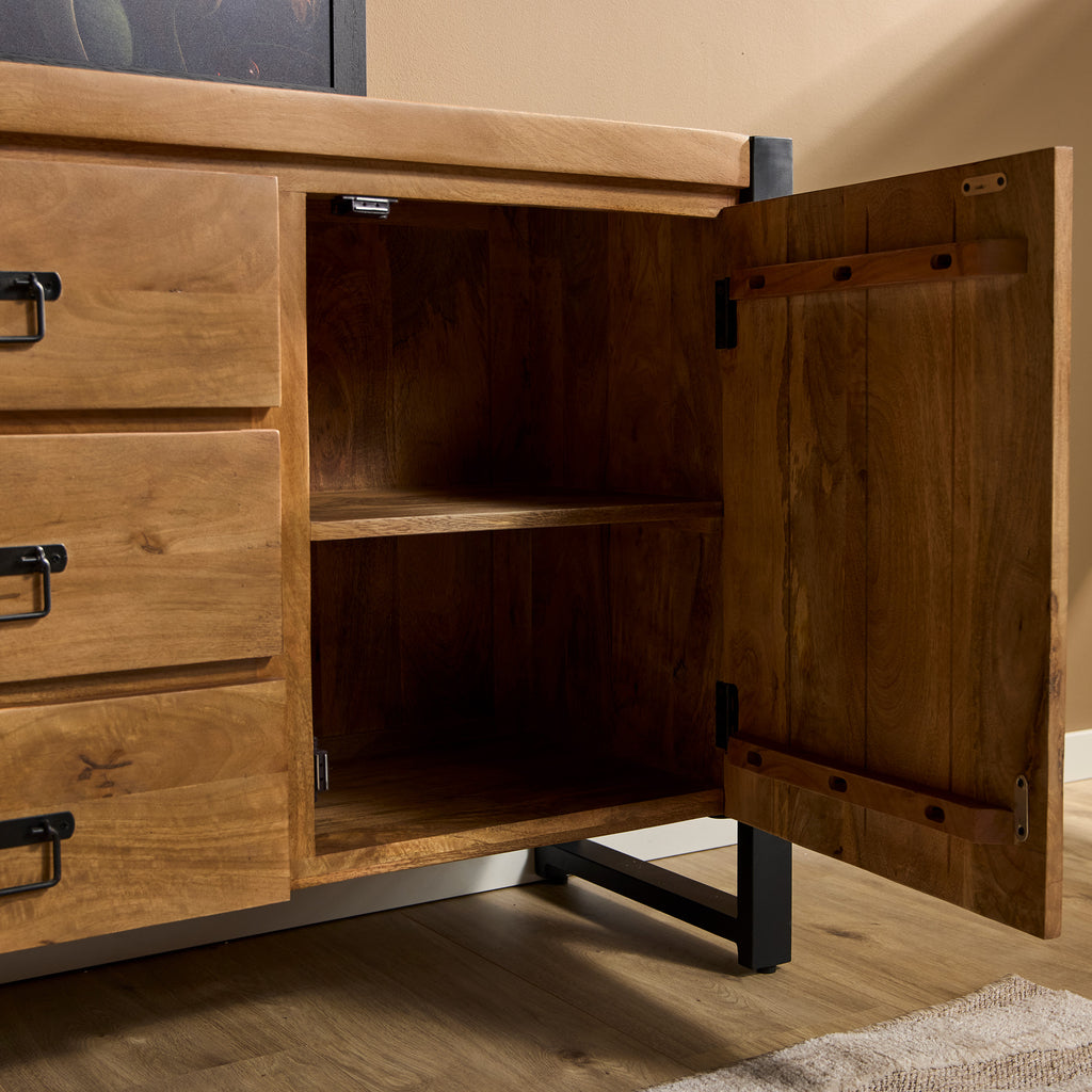 Sideboard Bori Natur– Mangoholz Kommode mit Metallgestell 200×80×40 cm, 2 Türen, 6 Schubladen & Regale. Modernes Möbelstück