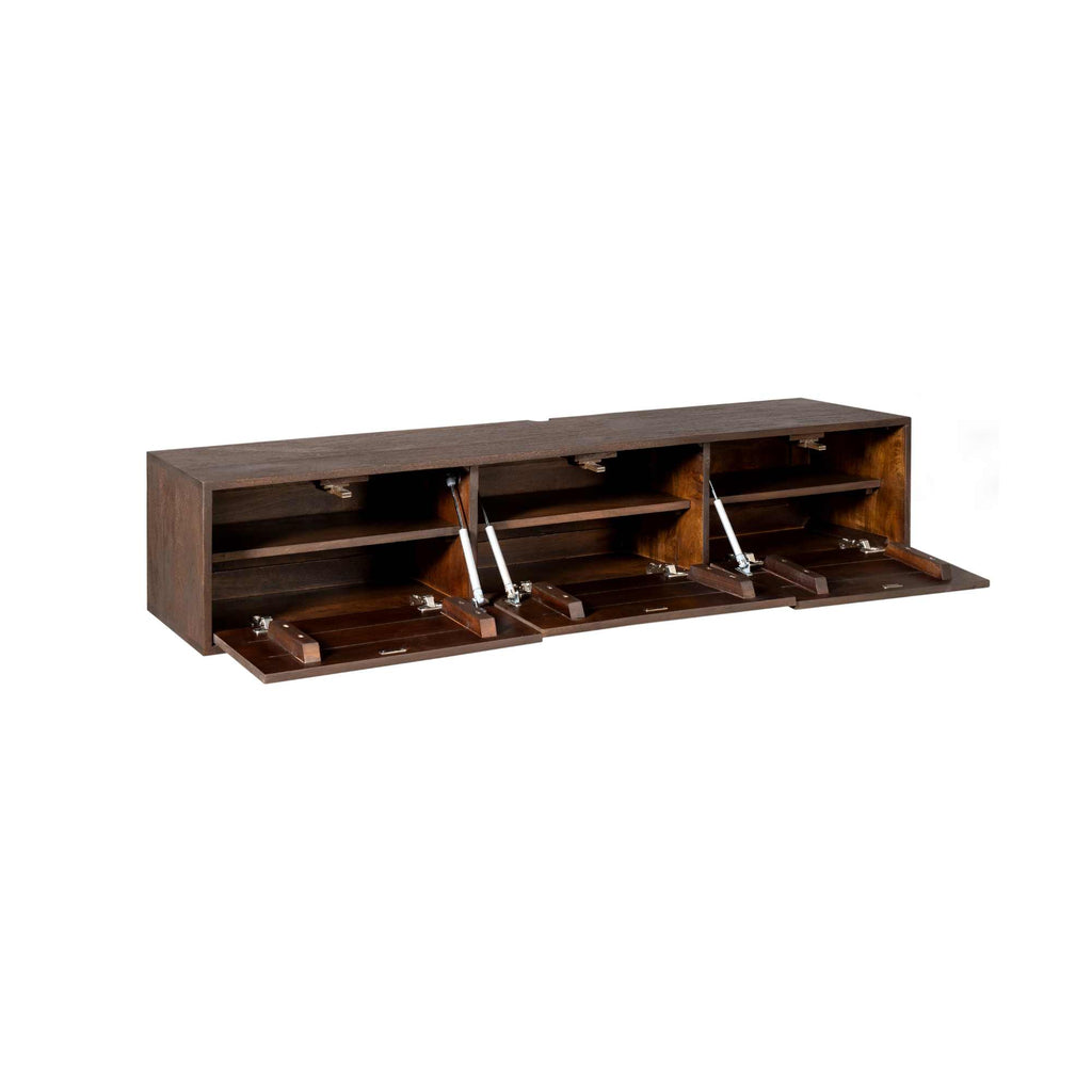 Schwebendes TV-Board Focus Braun 160x35x30 cm – Massivholz TV-Board zur Wandmontage mit Push-to-Open Türen