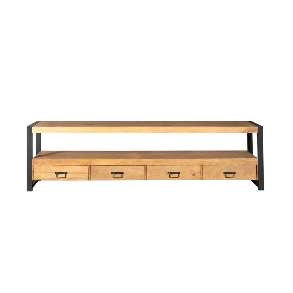 TV-Board Bori Schwarz – TV-Schrank aus Mangoholz 180×60×45 cm mit 4 Schubladen, offenem Fach & Metallgestell im modernen Design