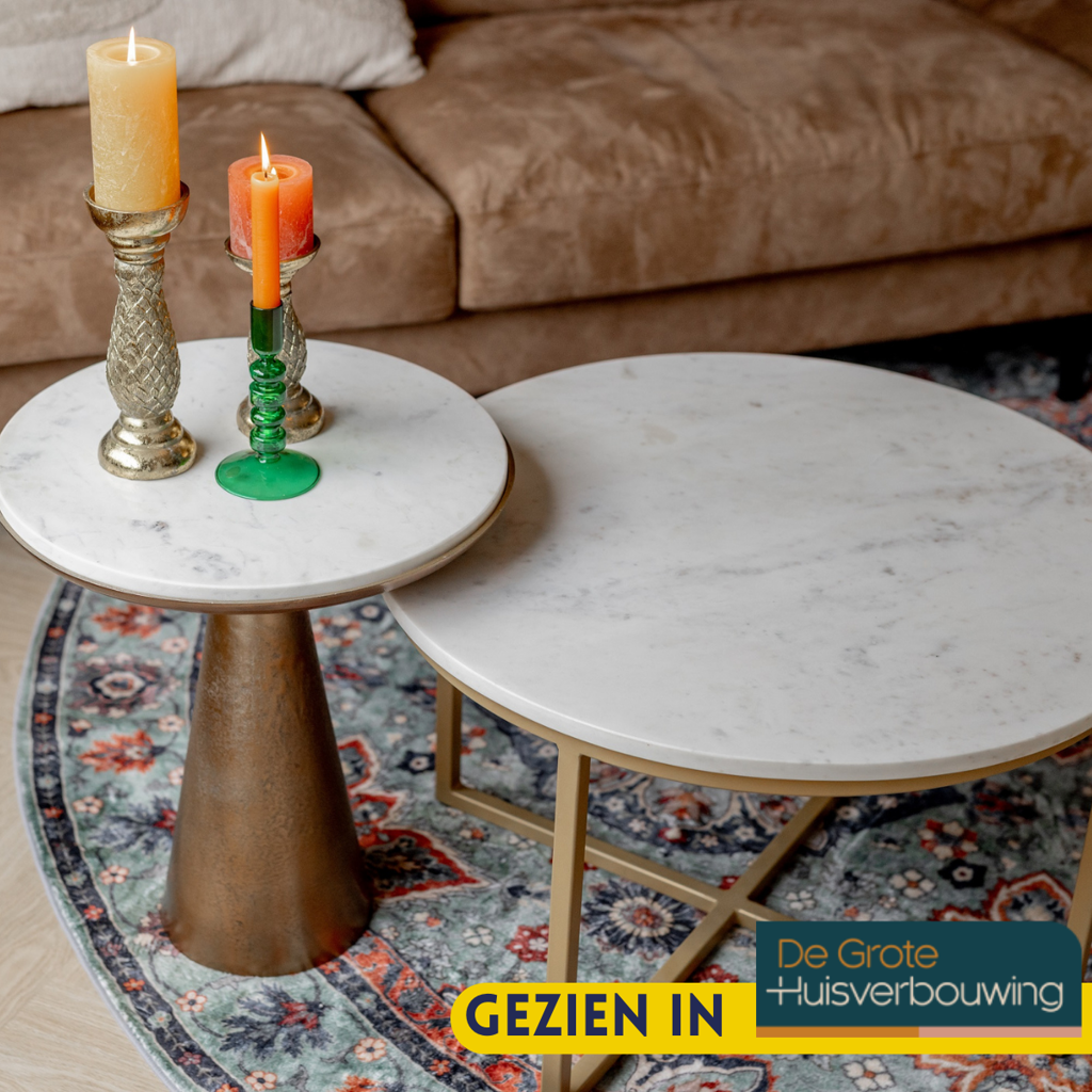 Beistelltisch Elyo – runder Couchtisch mit weißer Marmorplatte & goldfarbenem Metallfuß, 45×45×50 cm