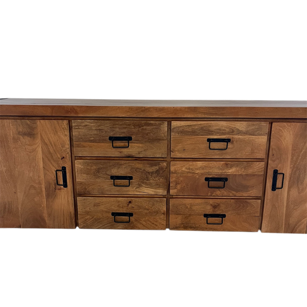 Sideboard Bori – modernes Mangoholz in warmem Finish mit schwarzem Metallgestell, 2 Türen & 6 Schubladen, 200 x 40 x 80 cm