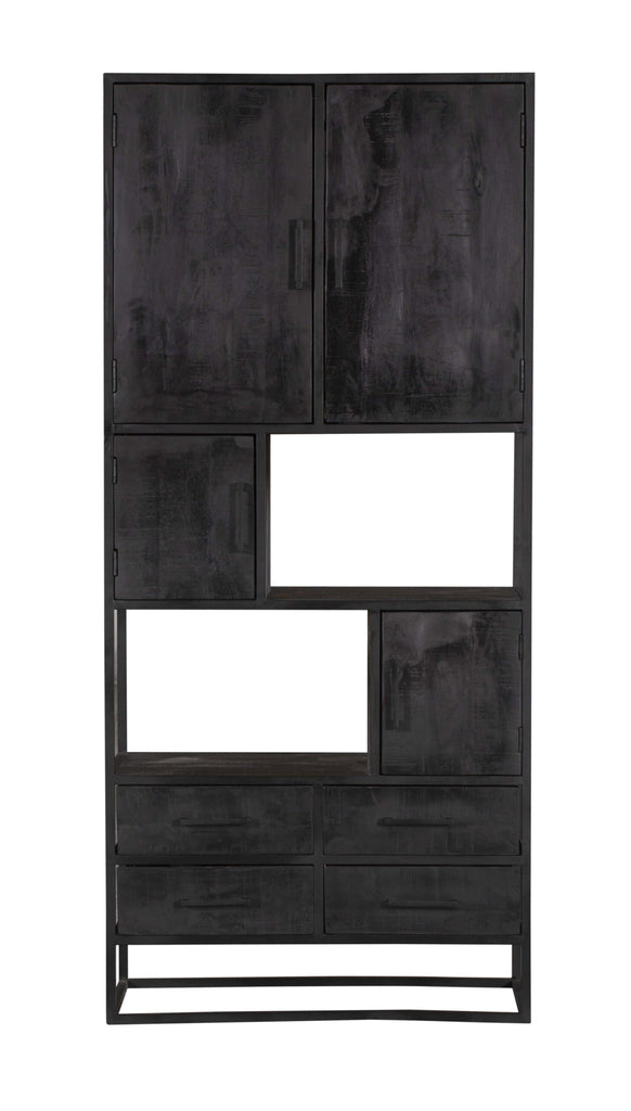 Wandschrank Delta Schwarz – Regalschrank aus Mangoholz & Metall mit 4 Schubladen, 4 Türen & offenen Fächern, 90 x 45 x 200 cm