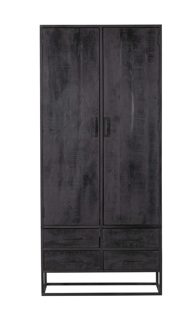 Bücherregal Delta Black 90x45x200 cm – Massiver Mangoholz Schrank mit 4 Schubladen, 2 Türen & Metallgestell in Schwarz