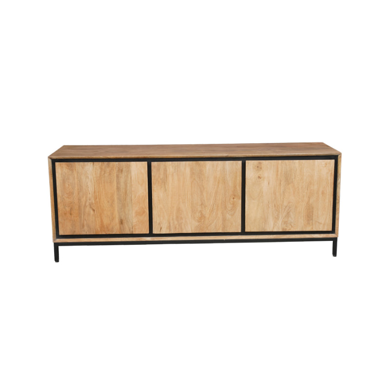 TV-Board Rois 150x45x55 cm – Massives Mangoholz mit schwarzem Metallrahmen & 3 grifflosen Türen