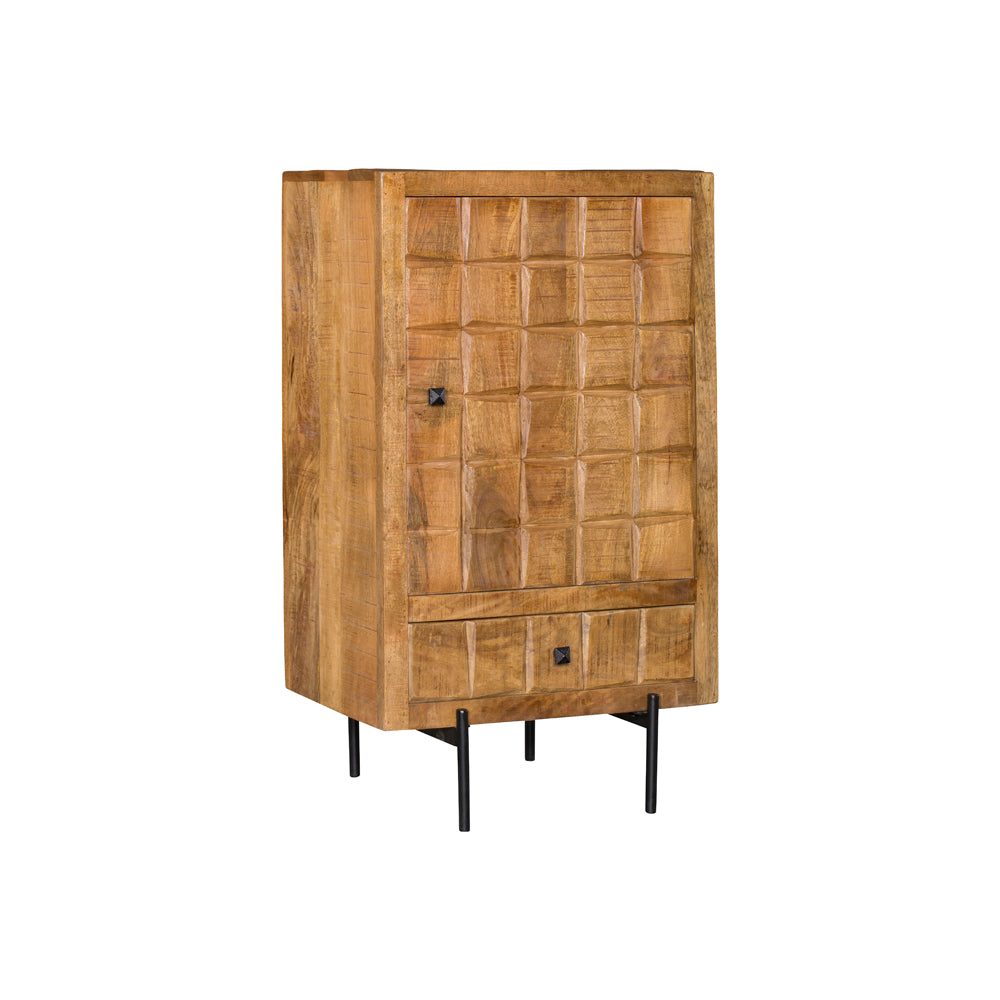 Highboard Jacky Natur – Schrank aus Mangoholz mit geschnitztem Blockmuster & Metallgestell, 1 Tür & 1 Schublade, 60 x 40 x 103 cm