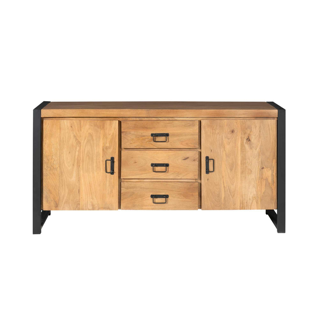 Sideboard Bori Natur – Mangoholz Kommode mit Metallrahmen & Lamellen-Optik, 160×80×40 cm, 2 Türen, 3 Schubladen & Regalfächer