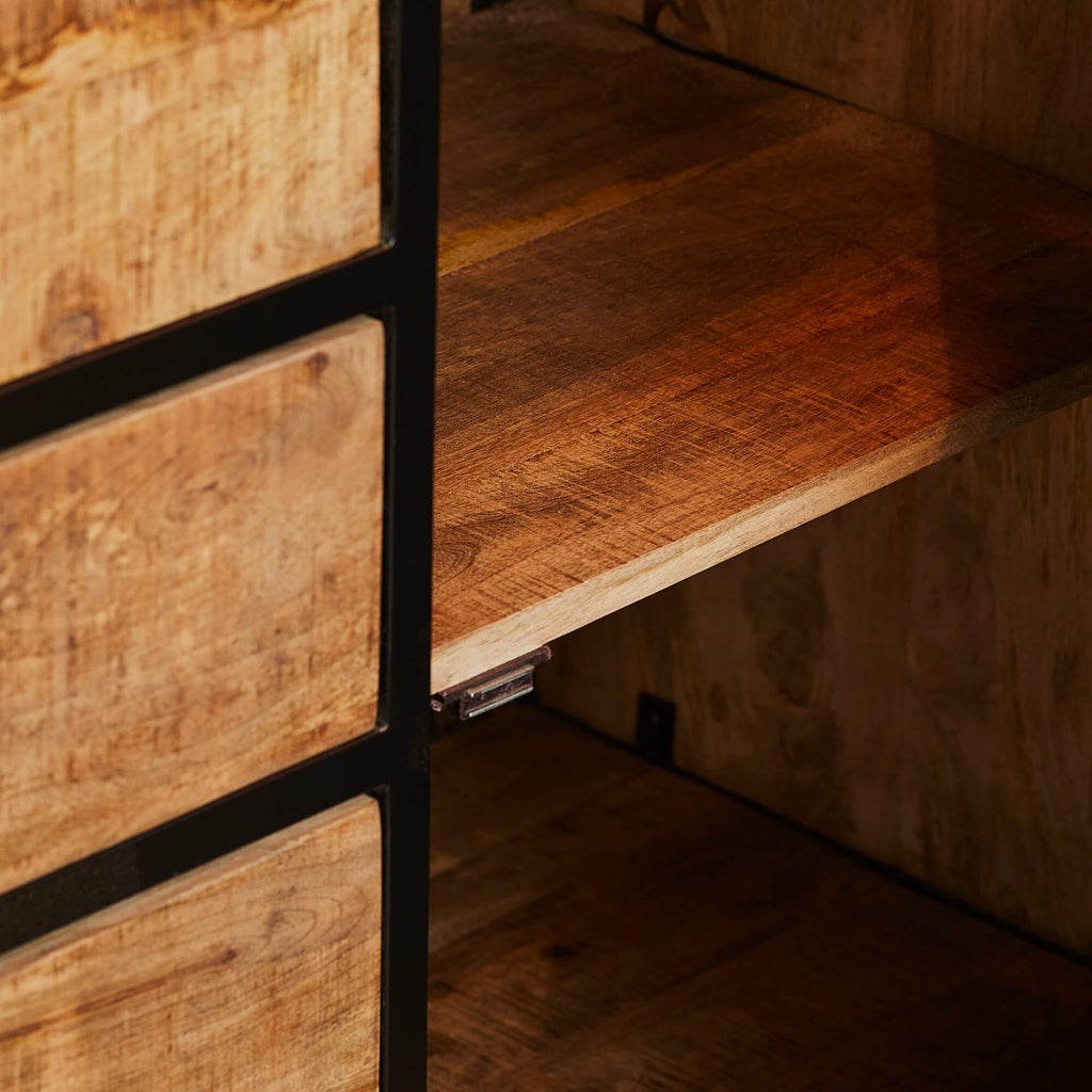 Sideboard Bori Natur– Mangoholz mit Metallgestell & 2 Türen, 3 Schubladen, 160 x 40 x 80 cm, modernes Stauraum-Design