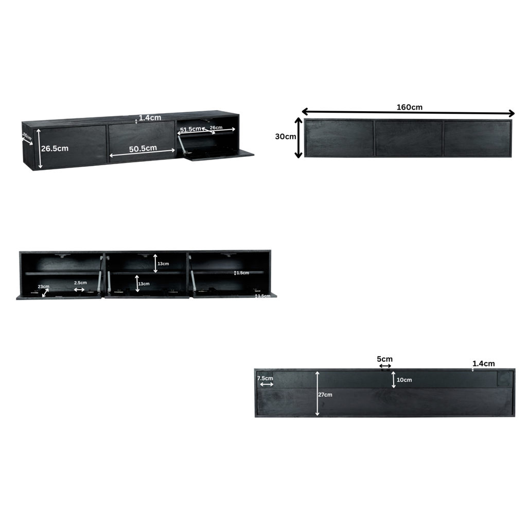 Schwebendes TV Board Focus 160x35x30 cm – Mango Holz Lowboard Schwarz mit Push-to-Open & grifflosen Türen