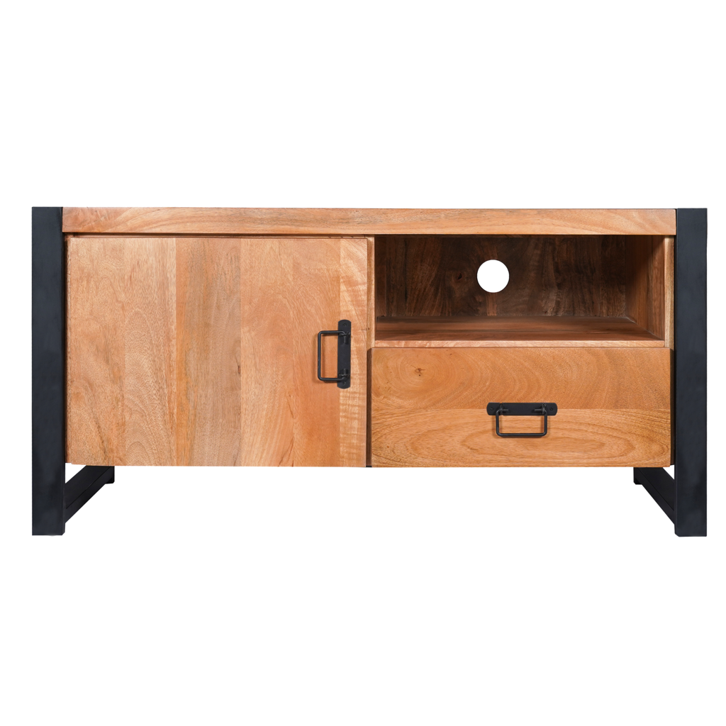 TV Board Bori – Massivholz Lowboard aus Mangoholz & Metall, 110 x 45 x 55 cm, mit Tür & offenem Fach