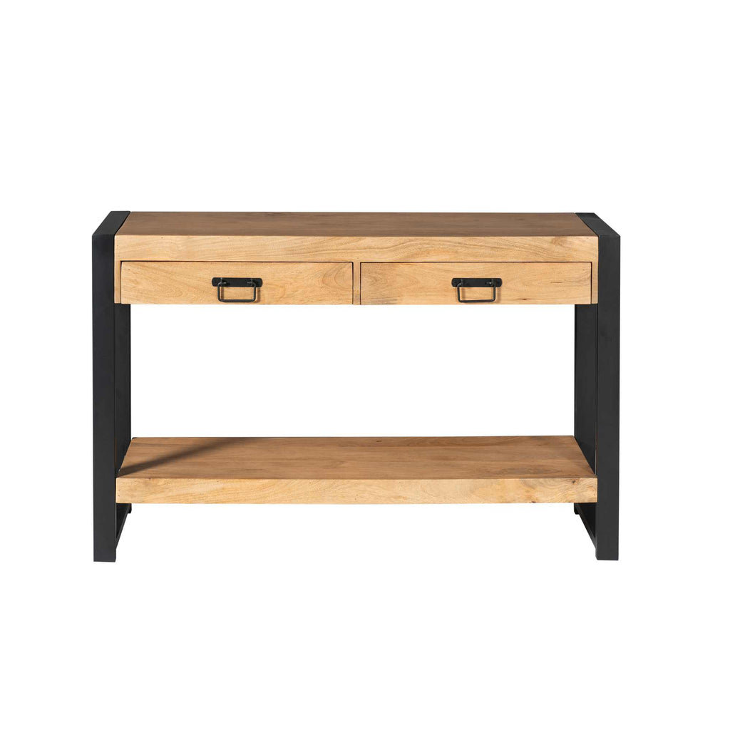 Beistelltisch Bori – Mangoholz Sideboard mit 2 Schubladen & Metallrahmen 120×35×76 cm