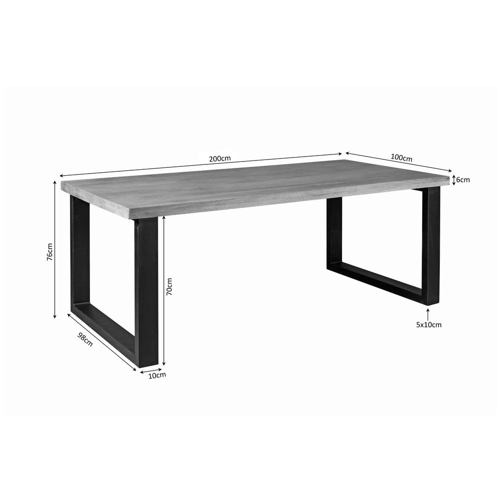 Esstisch Delta Natur – rechteckiger Mangoholz Tisch 200×100×76 cm mit 6 cm Platte & schwarzem U-Metallgestell