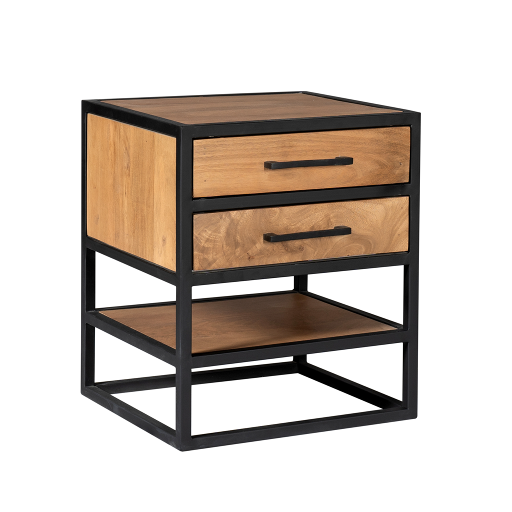 Nachttisch Delta Natur aus Mangoholz,  Natur,  45x40x53 cm – moderner Beistelltisch mit 2 Schubladen & Metallgestell