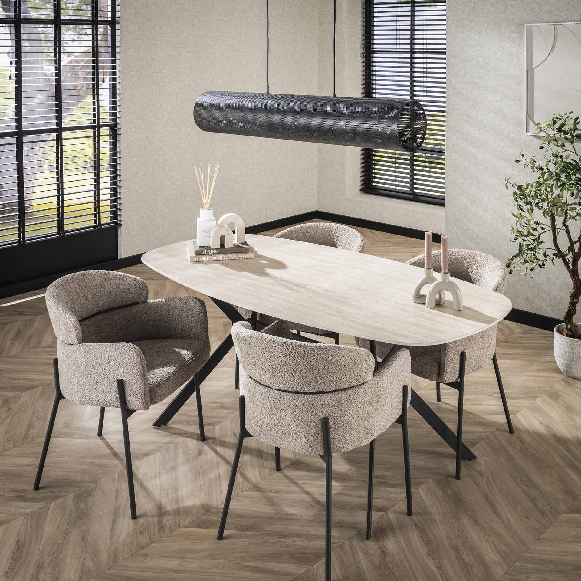 Esstisch Tivaro – Dänischer Ovaltisch mit Keramikplatte in Travertinoptik & Spinnengestell, 180 x 90 x 76 cm