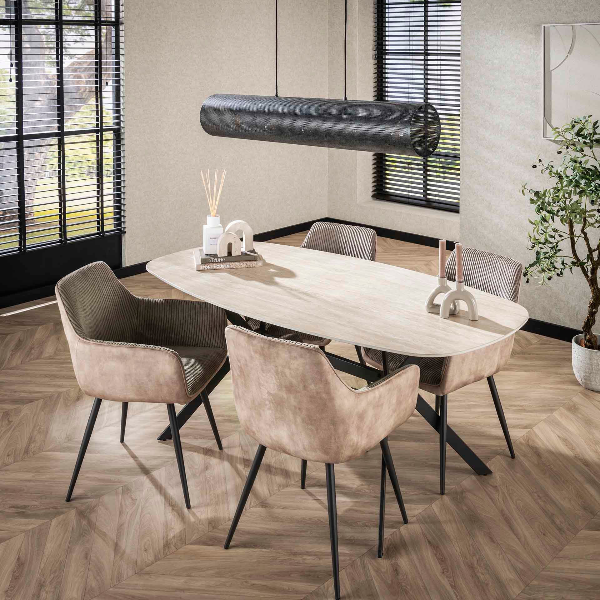 Esstisch Tivaro – Dänischer Ovaltisch mit Keramikplatte in Travertinoptik & Spinnengestell, 180 x 90 x 76 cm