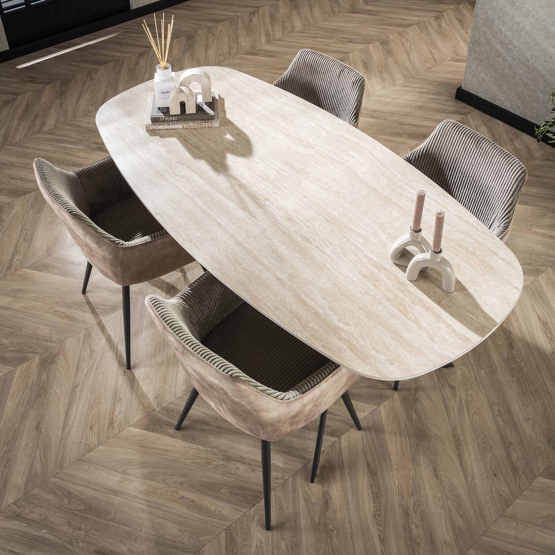 Esstisch Tivaro – Dänischer Ovaltisch mit Keramikplatte in Travertinoptik & Spinnengestell, 180 x 90 x 76 cm