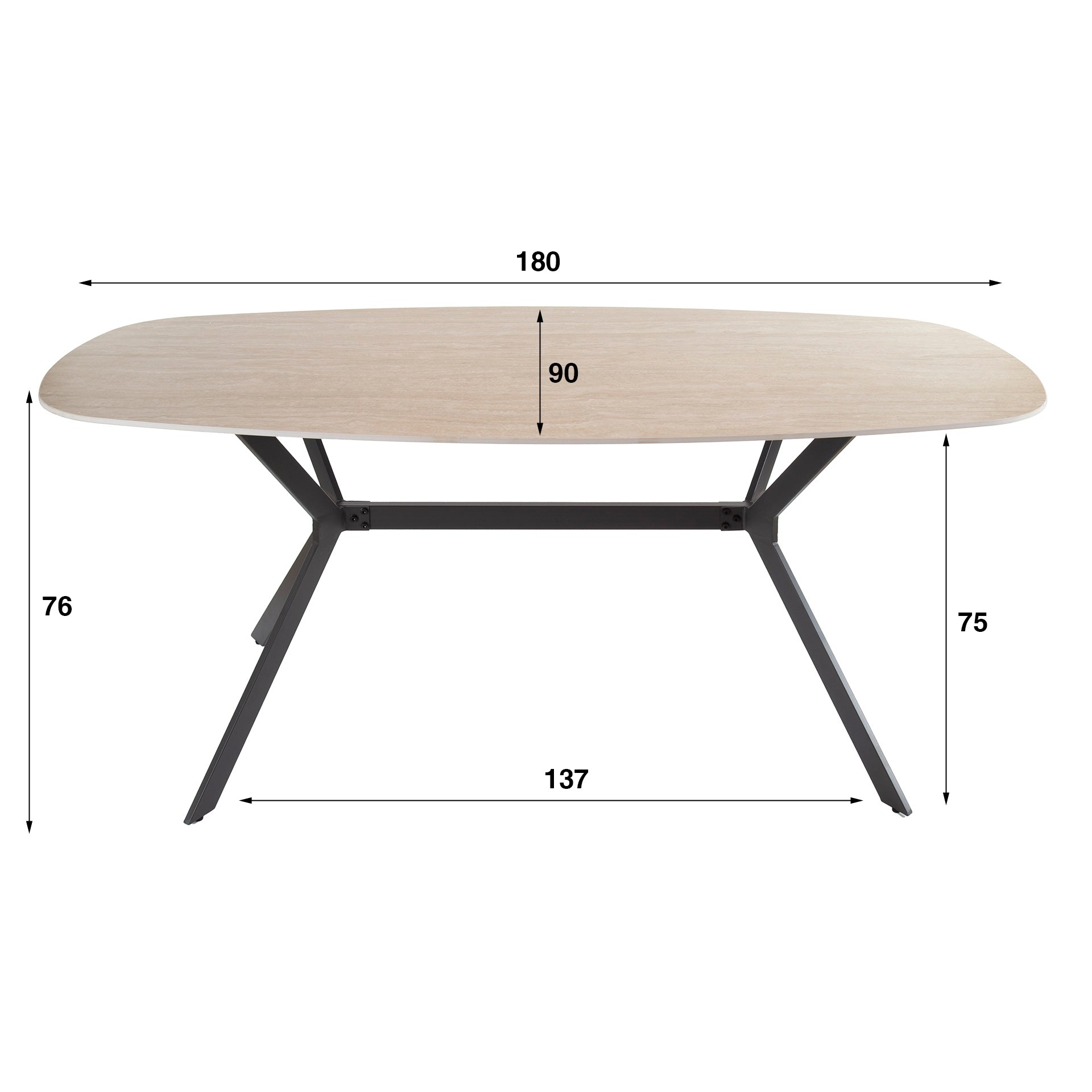 Esstisch Tivaro – Dänischer Ovaltisch mit Keramikplatte in Travertinoptik & Spinnengestell, 180 x 90 x 76 cm