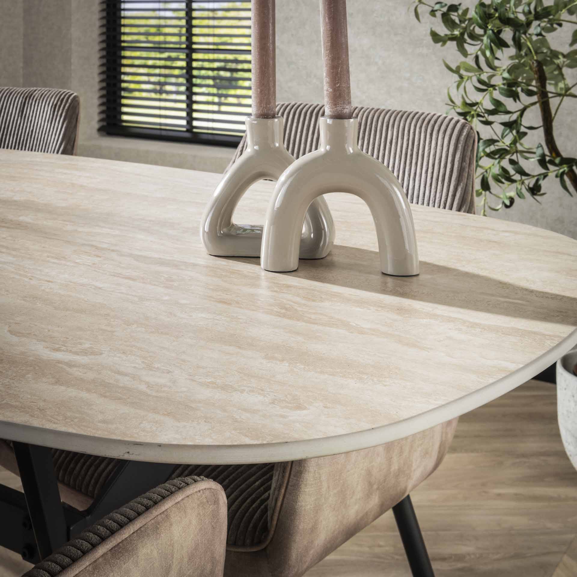 Esstisch Tivaro – Dänischer Ovaltisch mit Keramikplatte in Travertinoptik & Spinnengestell, 180 x 90 x 76 cm