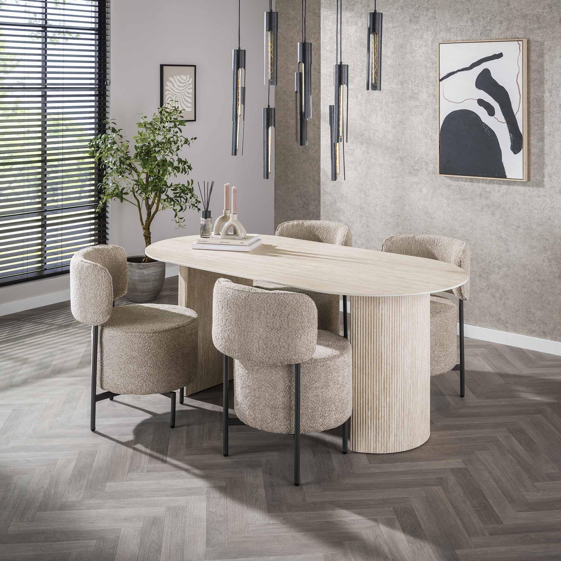 Esstisch Tivaro Arch – Ovaltisch mit Travertinoptik & halbrundem Wellengestell, 180 x 90 x 77 cm