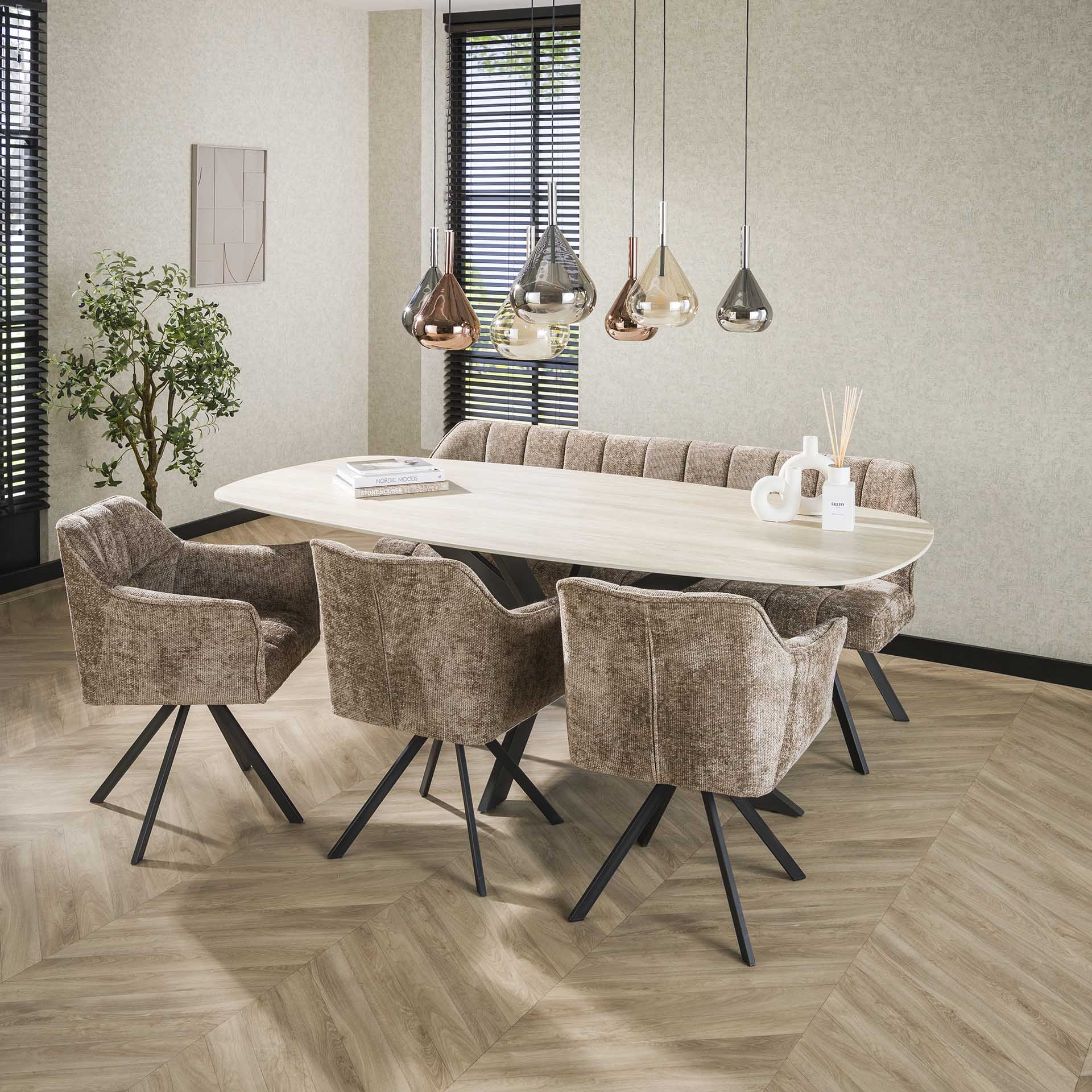 Esstisch Tivaro – Dänischer Ovaltisch aus 3D-Keramik in Travertinoptik mit Spinnengestell, 215 x 105 x 77 cm