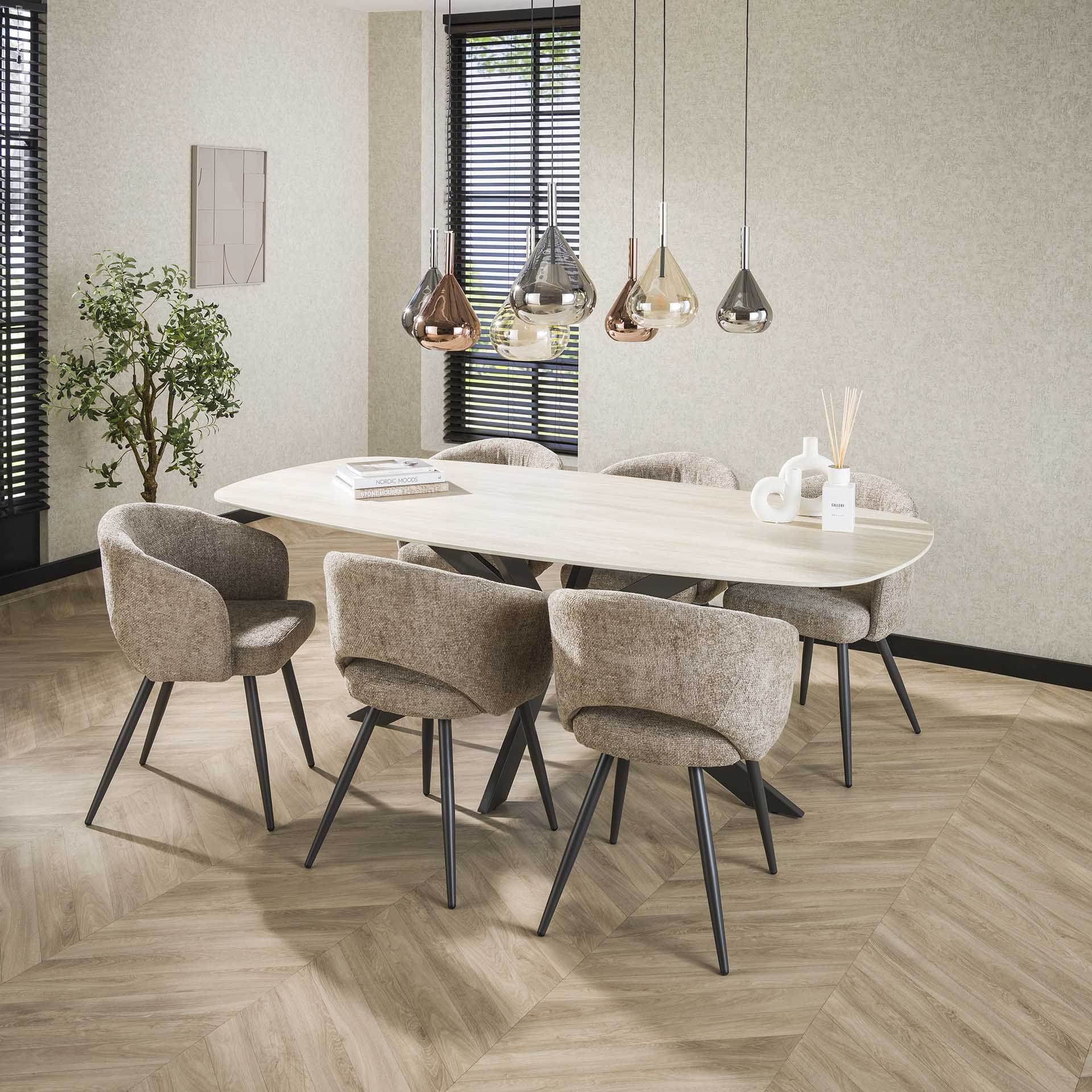 Esstisch Tivaro – Dänischer Ovaltisch aus 3D-Keramik in Travertinoptik mit Spinnengestell, 215 x 105 x 77 cm