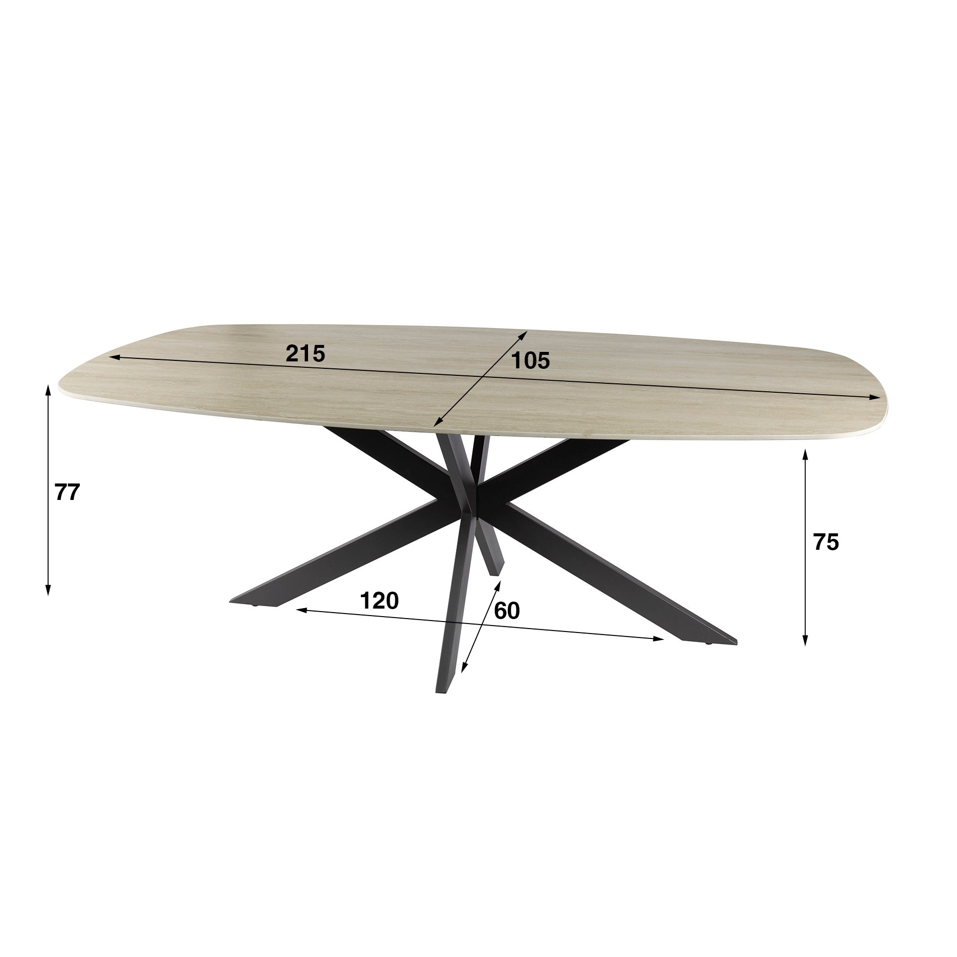 Esstisch Tivaro – Dänischer Ovaltisch aus 3D-Keramik in Travertinoptik mit Spinnengestell, 215 x 105 x 77 cm