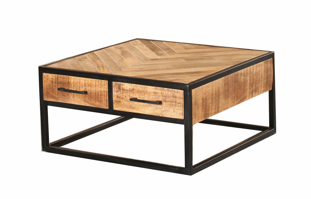 Couchtisch Aloy 80x80x40 cm – quadratischer Wohnzimmertisch aus Mangoholz mit Fischgrätmuster & 4 Schubladen