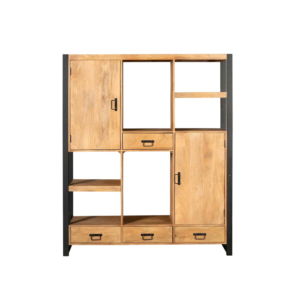 Schrank Bori Mangoholz & Metall 150x40x180 cm – modernes Aufbewahrungsregal mit Schubladen, Türen & Fächern