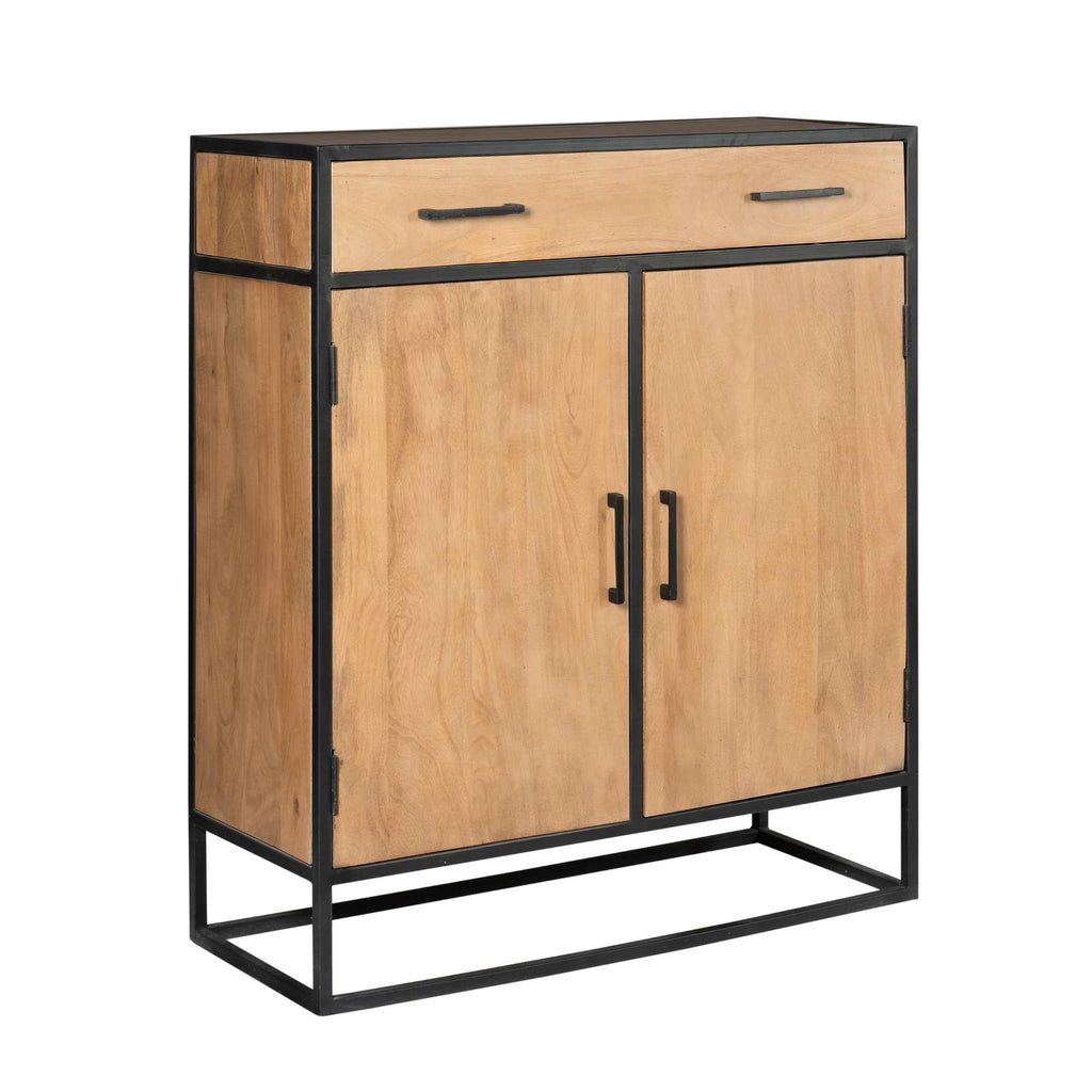 Schrank Delta aus Mangoholz mit Metallgestell – 2 Türen & 1 Schublade, modernes Design in Schwarz, 100 x 40 x 115 cm