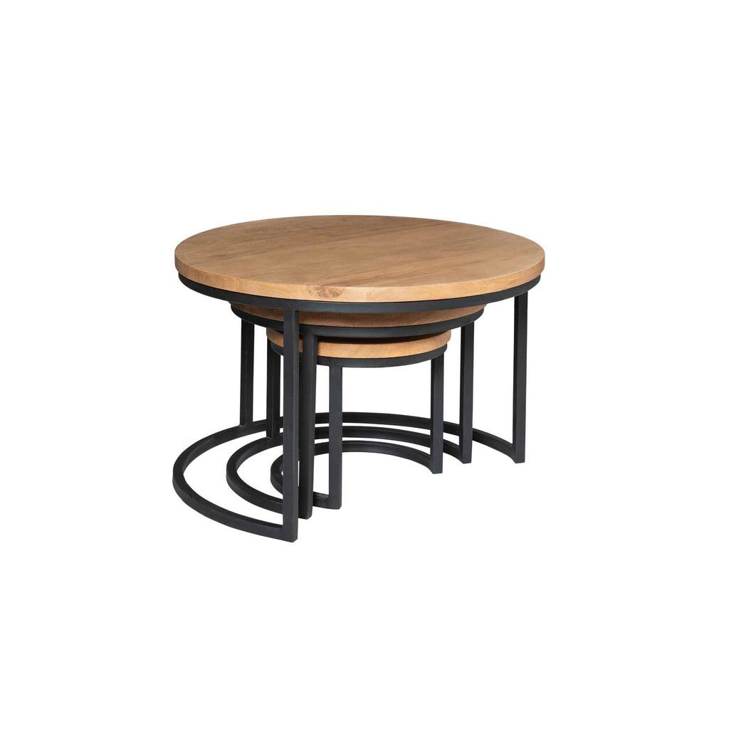 Couchtisch-Set Delta – 3 runde Tische aus Mangoholz & schwarzem Stahlrahmen, Ø70/50/35 cm, Höhe 45/38/31 cm