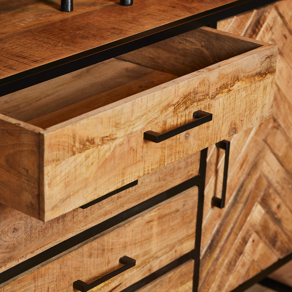 Sideboard Bori Natur– Mangoholz mit Metallgestell & 2 Türen, 3 Schubladen, 160 x 40 x 80 cm, modernes Stauraum-Design
