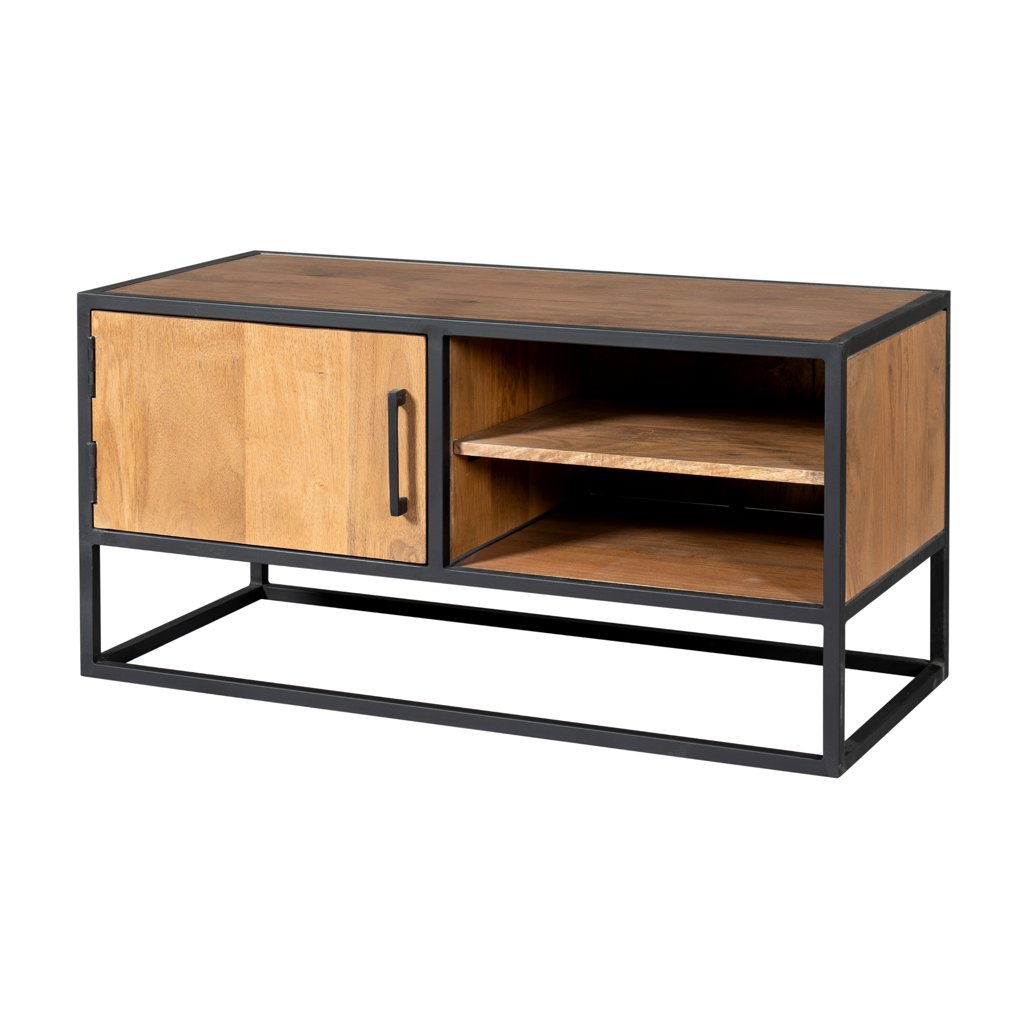 TV-Board Delta Natur – Mangoholz mit schwarzem Gestell & Holzeinlagen, 100 x 45 x 50 cm