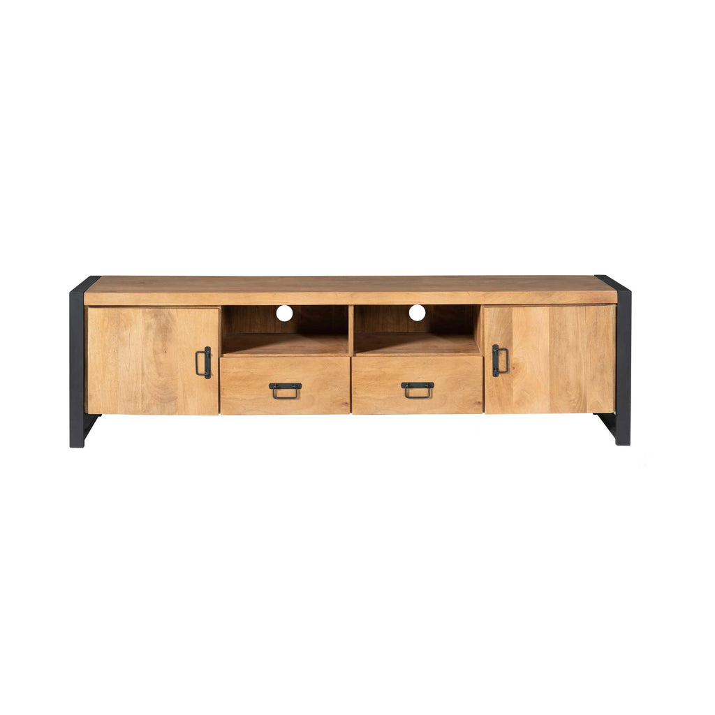 TV-Board Bori – Mangoholz Lowboard mit 2 Türen, Fach & 2 Schubladen, 200×45×55 cm