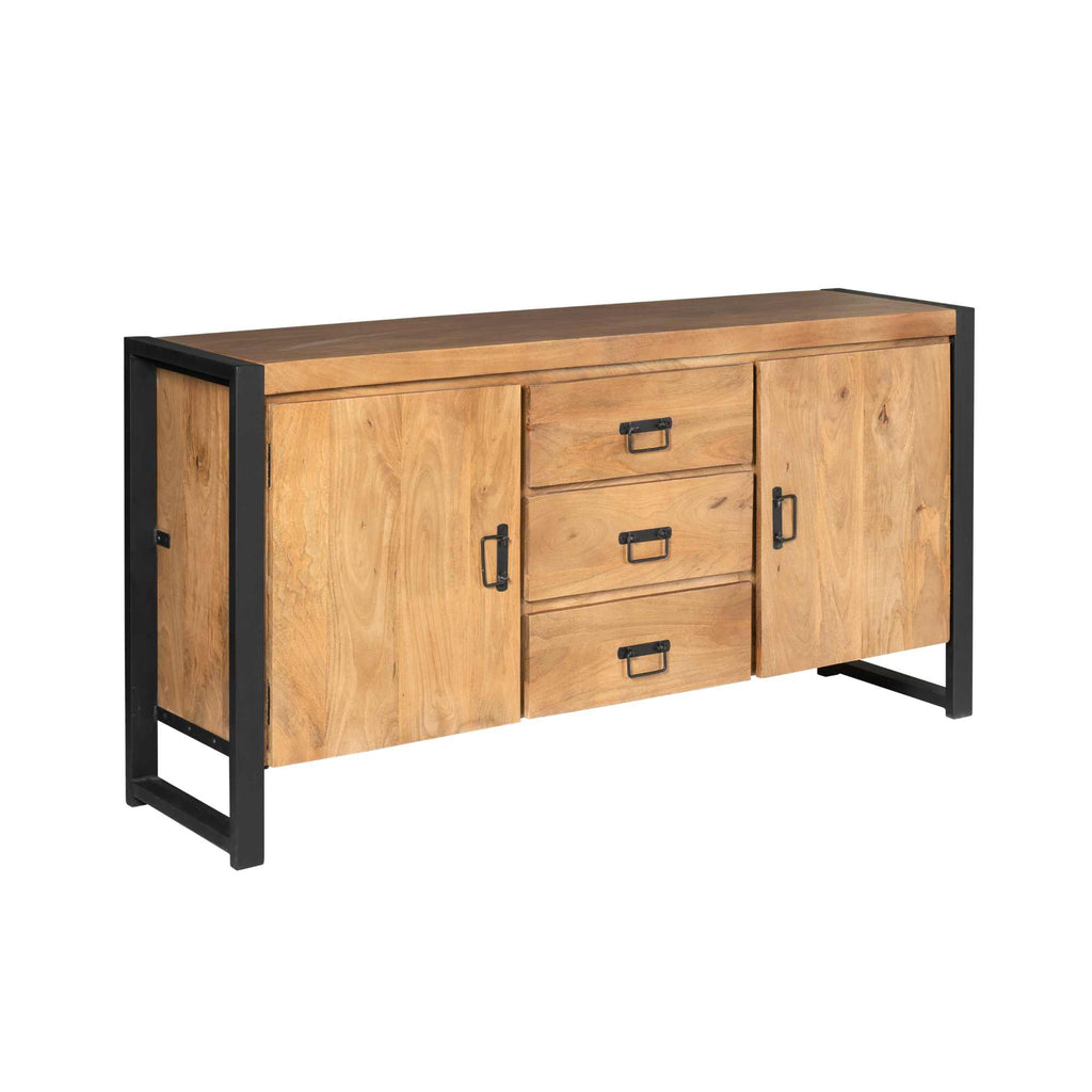 Sideboard Bori Natur – Mangoholz Kommode mit Metallrahmen & Lamellen-Optik, 160×80×40 cm, 2 Türen, 3 Schubladen & Regalfächer
